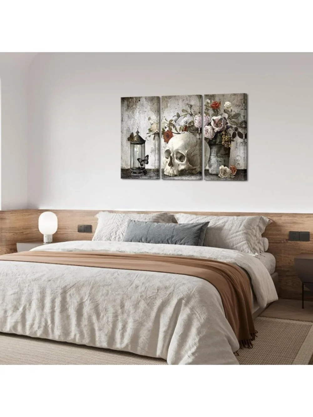 Large Vintage Skull Canvas Wall Art Set - Floral Halloween Decor for Home